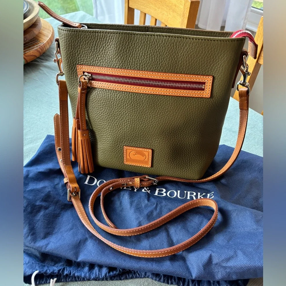 Dooney & Bourke Olive Green Tan Natural Pebbled Leather Crossbody Shoulder FALL - Picture 1 of 16